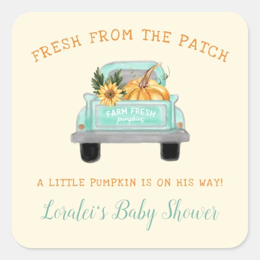  vrachtwagen met pompoennajaar Baby shower Vierkante Sticker (Voorkant)