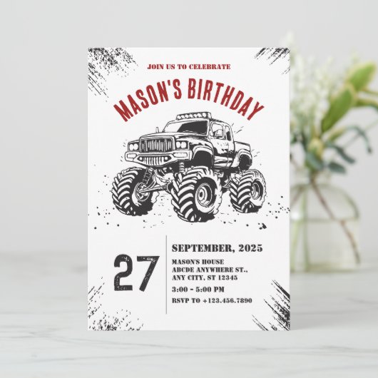 Vrachtwagen monster weg verjaardag Uitnodiging (Staand voorkant)