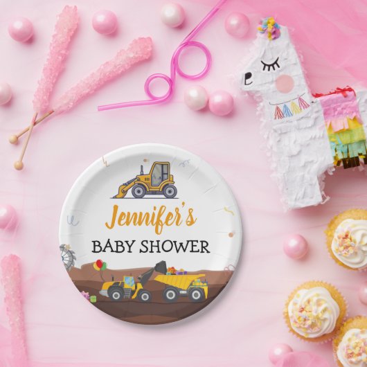 Vrachtwagen onder bouwleiding Baby Birthday Papieren Bordje (Feest)