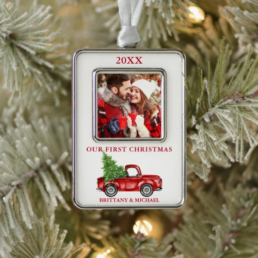  vrachtwagen Ons eerste kerstcadeautje Rood Verzilverd Omlijst Ornament (Boom)
