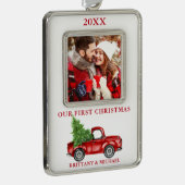  vrachtwagen Ons eerste kerstcadeautje Rood Verzilverd Omlijst Ornament (Rechts)