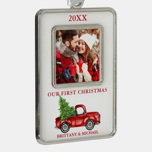  vrachtwagen Ons eerste kerstcadeautje Rood Verzilverd Omlijst Ornament (Rechts)