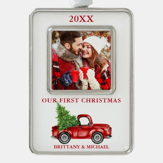  vrachtwagen Ons eerste kerstcadeautje Rood Verzilverd Omlijst Ornament (Voorkant)