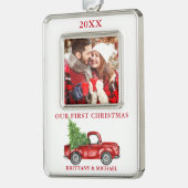  vrachtwagen Ons eerste kerstcadeautje Rood Verzilverd Omlijst Ornament (Links)