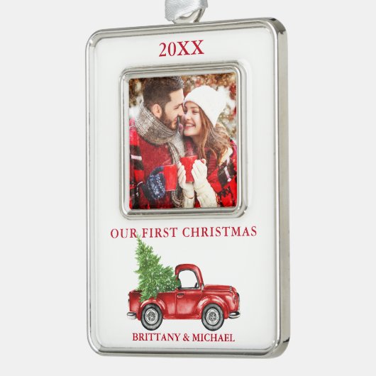  vrachtwagen Ons eerste kerstcadeautje Rood Verzilverd Omlijst Ornament (Links)