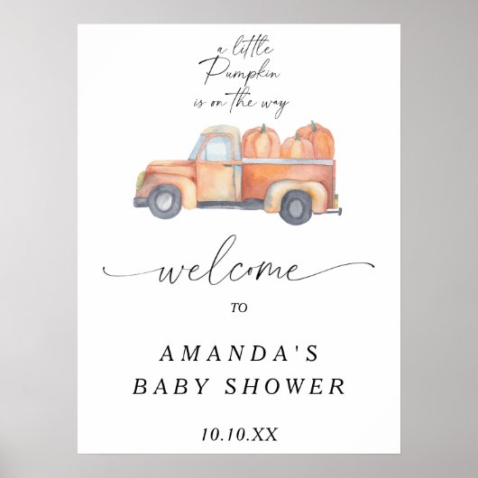 Vrachtwagen pompoen herfst welkom baby shower fees poster (Voorkant)