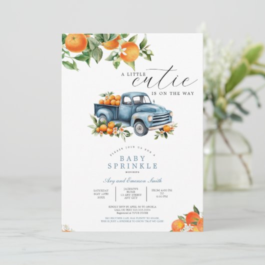 Vrachtwagen Sinaasappel Gingham Citrus Baby shower Kaart (Staand voorkant)