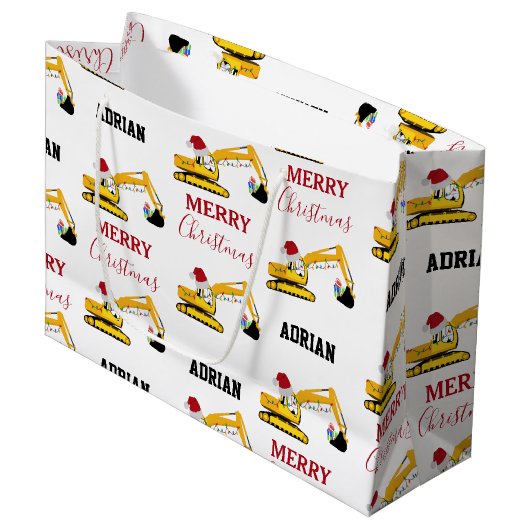 Vrachtwagen voor kerstexcavator: aangepaste naam groot cadeauzakje (Voorkant Gekanteld)