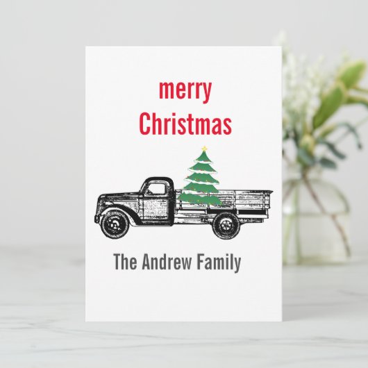  Vrachtwagen Vrolijk Kerstboom Land Feestdagenkaart (Staand voorkant)