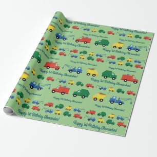 Vrachtwagenauto's Eerste verjaardag van het thema Cadeaupapier