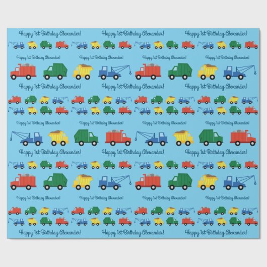 Vrachtwagenauto's Eerste verjaardag van het thema Cadeaupapier (Vlak)