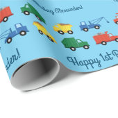 Vrachtwagenauto's Eerste verjaardag van het thema Cadeaupapier (Rol Hoek)