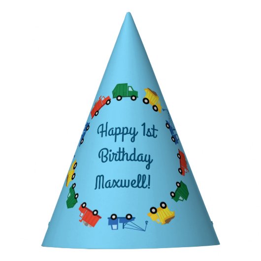 Vrachtwagenauto's Eerste verjaardag van het thema Feesthoedjes (Voorkant)