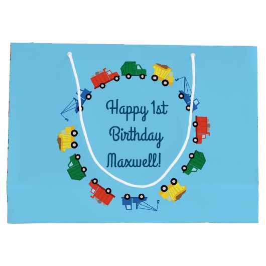 Vrachtwagenauto's Eerste verjaardag van het thema Groot Cadeauzakje (Achterkant)