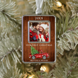 Vrachtwagenhout Onze Eerste Kerstmis Paar Foto Verzilverd Omlijst Ornament