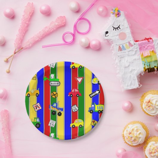 Vrachtwagens, auto's, tractoren en verkeersborden  papieren bordje (Feest)