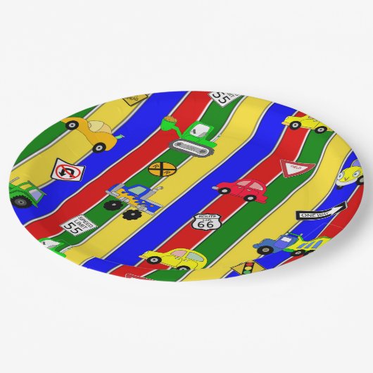 Vrachtwagens, auto's, tractoren en verkeersborden papieren bordje (Gekanteld)