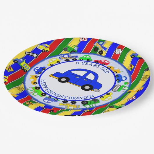 Vrachtwagens, auto's, tractoren en verkeersborden papieren bordje (Gekanteld)