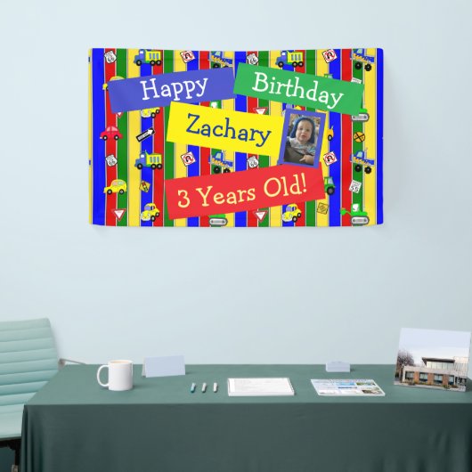 Vrachtwagens, auto's, tractoren en verkeersborden spandoek (Beurs)