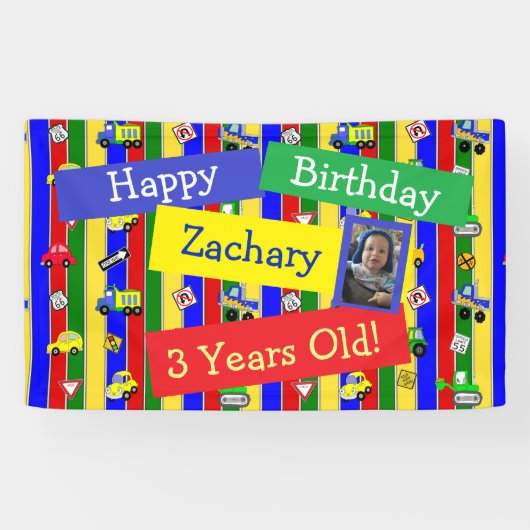 Vrachtwagens, auto's, tractoren en verkeersborden spandoek (Horizontaal)