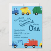 Vrachtwagens Kleurrijke 1e Verjaardag Uitnodiginge Kaart (Voorkant)