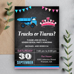 Vrachtwagens of Tiaras Gender Reveal Party Kaart