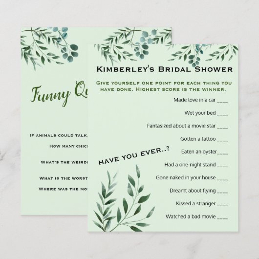 Vragenlijsten voor Baby shower (Voorkant / Achterkant)