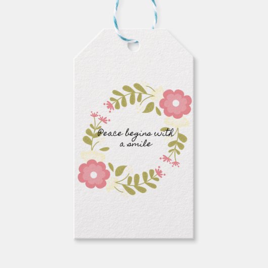 Vrede begint met een glimlach en roze bloemen cadeaulabel (Voorkant)