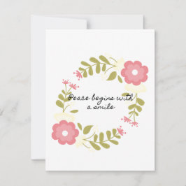Vrede begint met een glimlach en roze bloemen feestdagenkaart