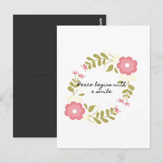 Vrede begint met een glimlach van roze en groene b briefkaart (Voorkant / Achterkant)