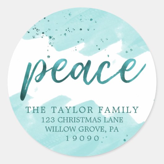 Vrede | Blauwgroen Waterverf kerstretouradres Ronde Sticker (Voorkant)