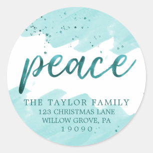 Vrede   Blauwgroen Waterverf kerstretouradres Ronde Sticker