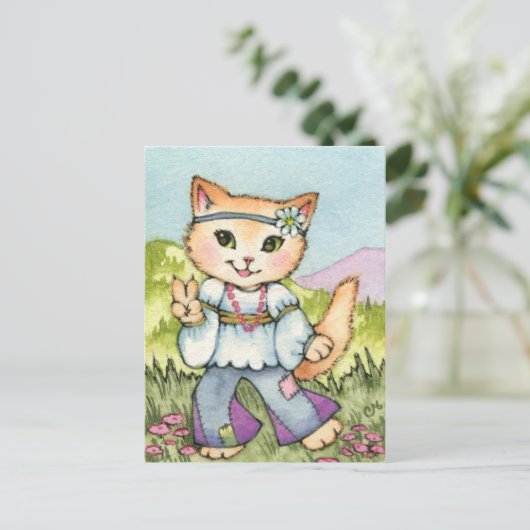 Vrede - Cute Hippie 60s Kat Art Briefkaart (Staand voorkant)