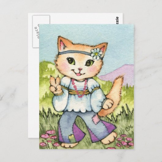 Vrede - Cute Hippie 60s Kat Art Briefkaart (Voorkant / Achterkant)