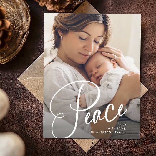 Vrede | Elegant script en foto kerst Feestdagenkaart