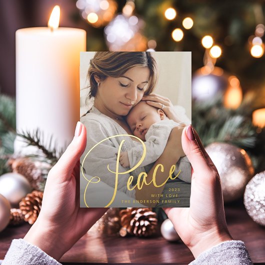 Vrede | Elegant script en foto kerst Folie Feestdagenkaart