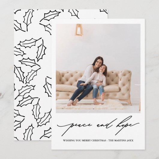 Vrede en Hoop Zwart-Wit Holly Print Holiday Kaart (Voorkant / Achterkant)