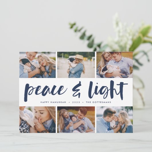 Vrede en licht | Hanukkah Photo Collage Feestdagenkaart (Staand voorkant)