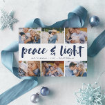 Vrede en licht | Hanukkah Photo Collage Feestdagenkaart<br><div class="desc">Deel zes favoriete foto's met onze heldere en feestelijke Hanukkah-vakantiekaart. "Vrede en Licht" verschijnt in het midden in hand geschreven borsteltypografie,  met uw vakantiegroet,  namen,  en het jaar onder.</div>