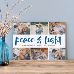 Vrede en licht | Hanukkah Photo Collage Feestdagenkaart<br><div class="desc">Deel zes favoriete foto's met onze heldere en feestelijke Hanukkah-vakantiekaart. "Vrede en Licht" verschijnt in het midden in hand geschreven borsteltypografie,  met uw vakantiegroet,  namen,  en het jaar onder.</div>