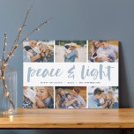 Vrede en licht | Hanukkah Photo Collage Feestdagenkaart<br><div class="desc">Deel zes favoriete foto's met onze heldere en feestelijke Hanukkah-vakantiekaart. "Vrede en Licht" verschijnt in het midden in hand geschreven borsteltypografie,  met uw vakantiegroet,  namen,  en het jaar onder.</div>
