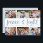 Vrede en licht | Hanukkah Photo Collage Feestdagenkaart<br><div class="desc">Deel zes favoriete foto's met onze heldere en feestelijke Hanukkah-vakantiekaart. "Vrede en Licht" verschijnt in het midden in hand geschreven borsteltypografie,  met uw vakantiegroet,  namen,  en het jaar onder.</div>
