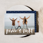 Vrede en licht | Volledige foto Hanukkah Feestdagenkaart<br><div class="desc">Moderne Hanukkah-fotokaarten zijn voorzien van uw favoriete afbeelding met "Vrede en licht",  overschreven in witte,  met de hand geschreven borsteltypografie,  met uw namen en het jaar eronder.</div>