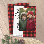 Vrede en Liefde 1 Foto Rood Zwart Buffalo Plaid Feestdagenkaart