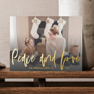 Vrede en Liefde Goud Folie Script 1 Foto Kerstmis  Feestdagen Briefkaart