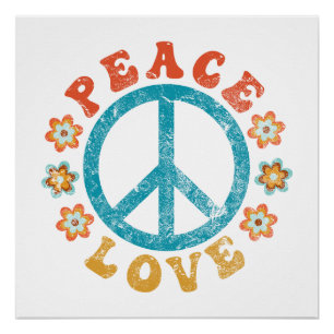 Vrede en liefde - Hippie vredesbord met bloemen Perfect Poster