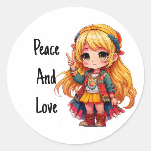 Vrede en liefde sticker - Chibi kunst