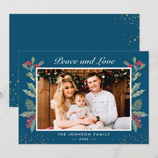 Vrede en Liefde Winter Blauw Holly Berries Foto Feestdagenkaart (Voorkant / Achterkant)