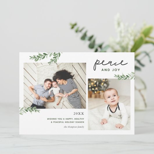 Vrede en vrede | Greenery Branches 2 foto Feestdagenkaart (Staand voorkant)