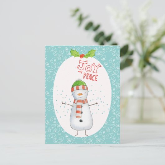 Vrede en vrede | Snowmankerst in Cute Snowman Feestdagenkaart (Staand voorkant)